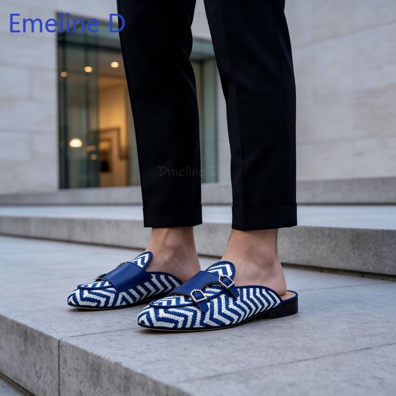Men Shoes Loafers - Dokuma Kumaş Sırtı Açık Loafer Terlik